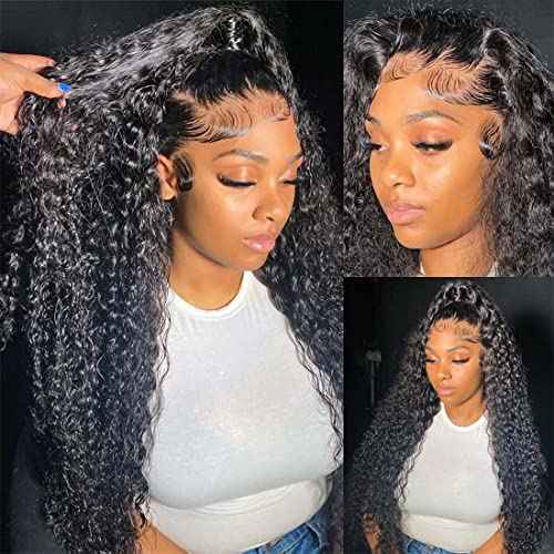 Deep Wave Lace Front Wigs Human Hair 13x4 HD Transparent Lace Frontal Curly Wigs for Women Human Hair 180% Density Glueless Wigs Human Hair Pre Plucked with Baby Hair Natural Color (28 Inch)