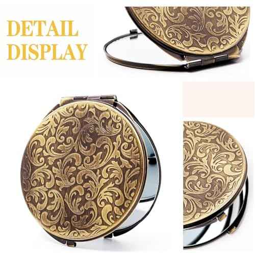 Retro metal compact travel mirror 1x/2x magnification compact portable foldable, used as a compact magnifying glass for wallets and pockets, distortion free folding portable compact mirror (bronze)