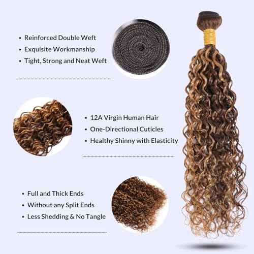 Highlight Water Wave Ombre Honey Blonde Curly Bundles, 4/27 Brown Highlighted Wet and Wavy Bundle Weave, Soft 12A 100% Virgin Hair 3 Bundles 10 12 14 Inch