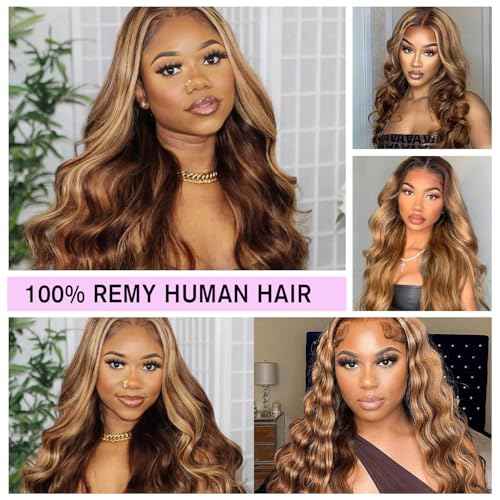 Ombre Lace Front Wig Human Hair 4/27 13x4 HD Body Wave Highlight Lace Front Wig Human Hair Pre Plucked With Baby Hair 180% Density Glueless Lace Front Wigs Human Hair28 Inch