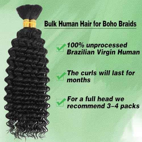 Human Braiding Hair for Boho Braids Human Hair Braid Hair 2 Bundles/Pack 100g 22 Inch Deep Wave Boho Hair Braid No Weft Curly Bulk Human Hair 12A Brazilian Virgin Hair Extensions Natural Color
