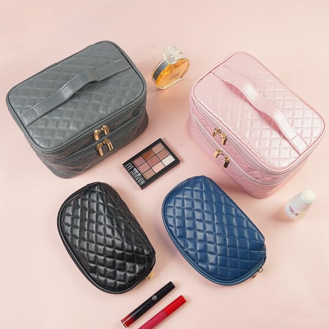 MAANGE Makeup Bag, 2 PCS Cosmetic Bag Leather Travel Makeup Bag Roomy Double Layer Makeup Bags for Women Makeup Pouch Portable Zipper Bags Gifts (Black)