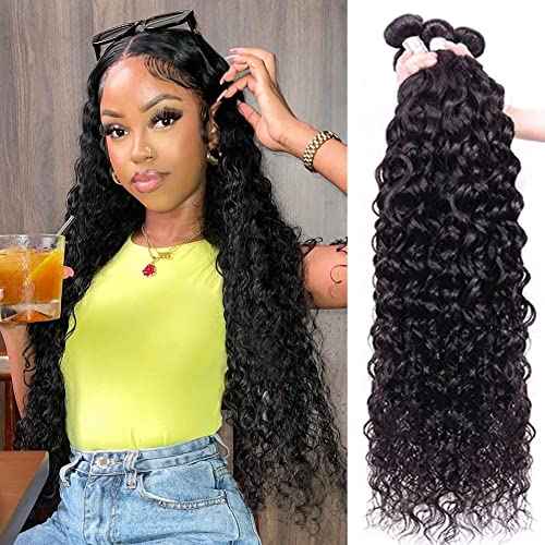 Water Wave Human Hair 4 Bundles (12 14 16 18 Inch) Brazilian Virgin Water Curly Bundles 100% Unprocessed Human Hair Weave Remy Hair Weft for Black Women Natural Color