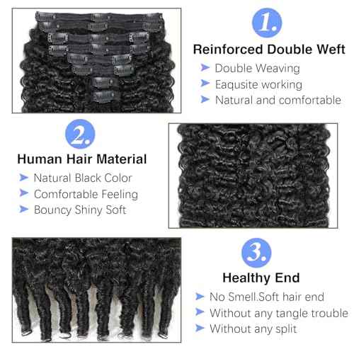 Clip In Hair Extensions Human Hair, 26 Inch Natural Black Jerry Curl Burmese Wild Wave Curly Clip Ins For Black Women Virgin Hair Double Weft Invisible Edge 120g 8pcs
