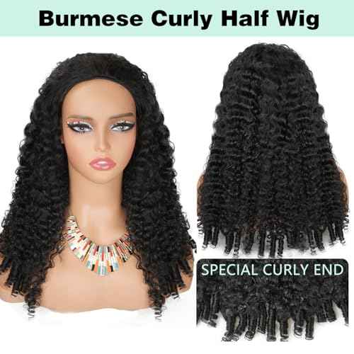 Burmese Curly Half Wigs Human Hair with Drawstring And Spiral End,200% Density Wear And Go Glueless Wigs Curly 3 In 1 Half Wig for Women,Wet And Wavy Water Wave Human Hair,Natural Black(20 Inch)
