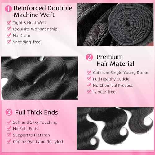 Body Wave Bundles Human Hair 12A Human Hair Bundles 10 12 14 Inch Brazilian Virgin Hair Extensions 100% Unprocessed Human Hair Body Wave 3 Bundle Natural Color