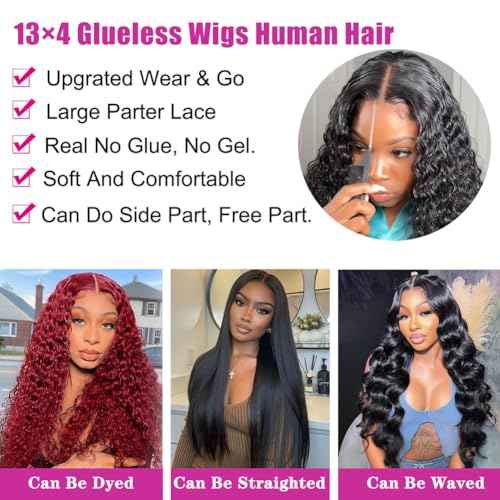 Glueless Wigs Human Hair Pre Plucked Pre Cut Wear and Go Glueless Wig 13x4 HD Deep Wave Lace Front Wigs Human Hair for Black Women Frontal Wigs with Natural Hairline 180% Density 26 Inch