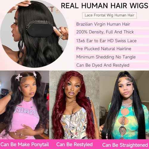 Body Wave Lace Front Wigs Human Hair 200 Density 13x6 HD Lace Frontal Wigs Pre Plucked Glueless Brazilian Virgin Human Wig with Baby Hair Body Wave wigs for Women Natural Black 24 INCH