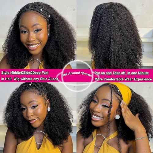 Kinky Curly Half Wig Human Hair 200% Density 3 In 1 Seamless Flip Over Half Wigs Human Hair Glueless Wear and Go Beginner Friendly Kinky Curly Wig Human Hair Drawstring Headband Wig for Women 20 Inch