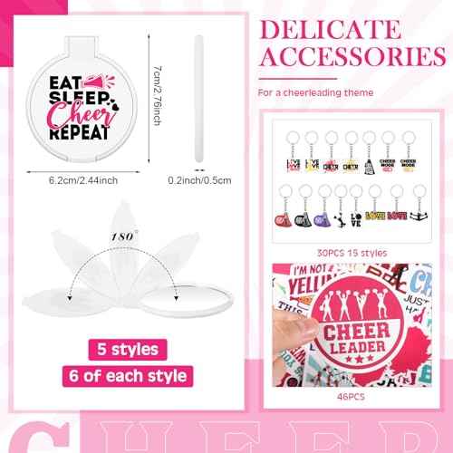 121 Pcs Cheerleader Gifts Kit 30 Zipper Portable Cheer Makeup Bag 30 Keychain Wristband Mirror 1 Bag Waterproof Cheer Stickers for Women Girls Cheerleader Teammates