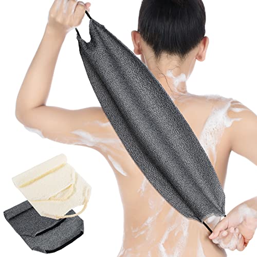 Back Scrubber for Shower Exfoliating Washcloth Back Cloth Body Extended Length Scrubber Towel Nylon Exfoliating Stretchable Pull Strap Wash Cloth for Bath Body Scrub Washcloth 2 Pack (Gray,White)