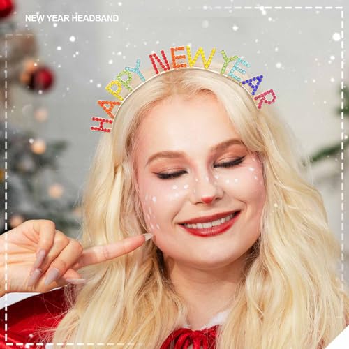 Acenail Happy New Year Headband Rhinestone Happy Holiday Headpiece New Year’s Eve Headbands Festival Party Supplies Headwear Holiday Hair Accessories for Women Girls (A-Colorful)