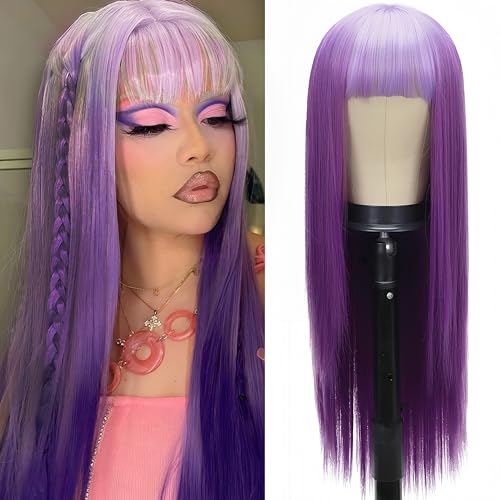 Sabosi Long Blue Black Hair Synthetic Wigs with Bangs Long Straight Hair Wig Cosplay Wig Split Color Synthetic Wigs Heat Resistant Fiber Costume Halloween Party Wigs for Women