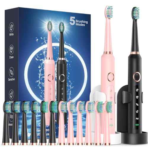 Rtauys 2 Pack Electric Toothbrush for Adults - 2 Rechargeable Electric Toothbrushes with 12 Brush Heads & 2 Travel Case, Power Electric Toothbrush with Holder, 3 Hrs Charge for 120 Days - Black+Pink