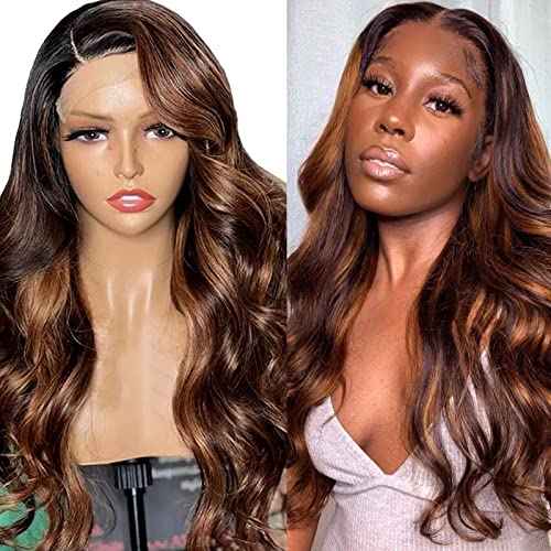 Highlight Ombre Lace Front Wig Human Hair 4x4 Balayage FB30 Body Wave Honey Blonde Lace Frontal Wigs with Baby Hair Natural Hairline Pre Plucked Brazilian Closure Wigs for Black Women 30inch
