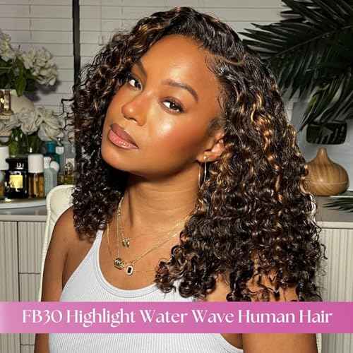 F1B30 Highlight 5x5 HD Lace Closure Water Wave Human Hair (16 Inch, Free Part), Invisible Transparent Wet n Wavy Black With Brown Colored Curly Closure 100% Remy Hair