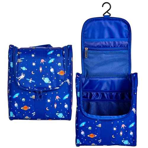 Cute Cartoon Hanging Kids Toiletry Bag Children Travel Cosmetic Makeup Organizer Wash Bag Shower bag Over Night Bag Camping Shaving Kit Bag for Boys & Girls (Astronaut)