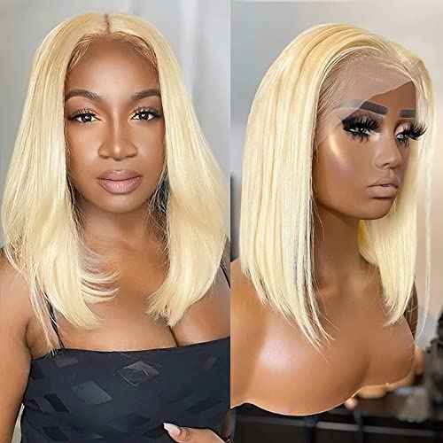 Flady 14 inch Blonde Bob Wig Human Hair 13x4 HD Lace Front Wigs Pre Plucked Hairline 180% Density Glueless Blunt Cut Straight Bob Wig