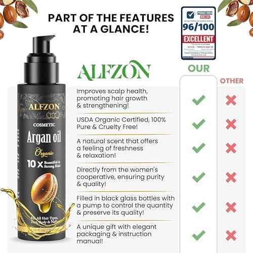 ?????????????? Moroccan Argan Oil 100% Pure USDA Organic Hair Treatment, Cold Pressed For Dry, Damaged, Curly & Frizzy Hair, Skin, Face, Body & Beard Natural Anti Aging for Women & Men, Large 3.38 oz