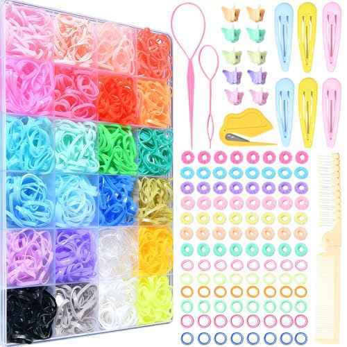 Hair Accessories for Girls, Hair Ties for Little Girls 36 Colors 2100 Pcs with Tools, Elastic Small Rubber Bands for Baby Toddler Hair Accessories, Kids Hair Ties with Cutter Topsy Tail (Multicolor)