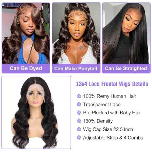 34 Inch Body Wave Lace Front Wigs Human Hair Pre Plucked 13x4 Frontal for Women 180 Percent Density Glueless Transparent HD with Baby 1B
