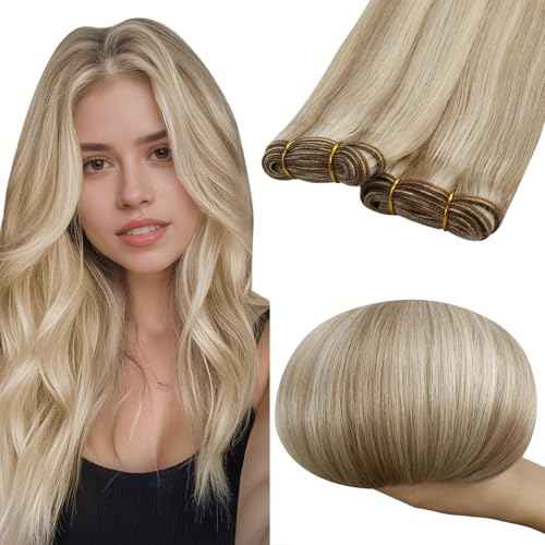 RUNATURE Sew in Extensions Real Human Hair, Weft Hair Extensions Blonde Human Hair Weft, Straight Silky Remy Hair, Softness Texture, Easy to Maintain, 18 Inch 100g #8P60 Blonde Highlights