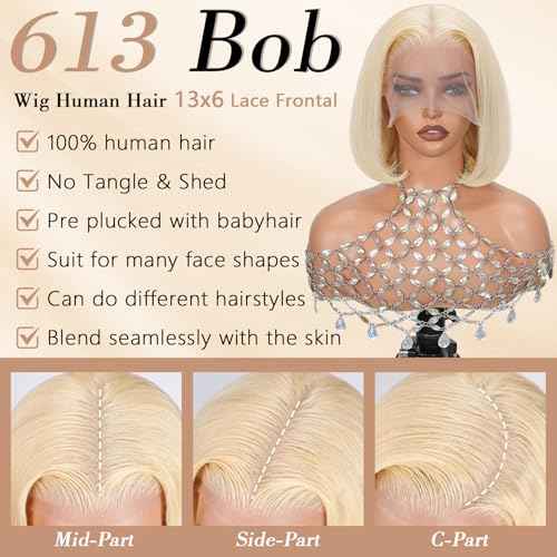Blonde Bob Wig Human Hair 180 Density 12 Inch Straight 613 Bob Wig Human Hair 13x6 HD Lace Frontal Wigs, 100% Real Human Hair 613 Glueless Wigs Pre Plucked With Baby Hair Natural Look For Beginners