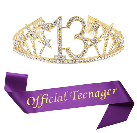 Happy 13th Birthday Tiara and Sash Gifts Crystal Rhinestone Princess Crown Birthday Girl Party Favor Supplies Gold Crowns Purple Sash