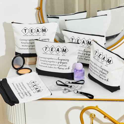 Sanwuta 48 Pcs Canvas Cosmetic Bag Bulk Appreciation Gift for Christmas Inspirational Canvas Makeup Bags Keychains Set for Teacher Employees Coworker Women (Team)