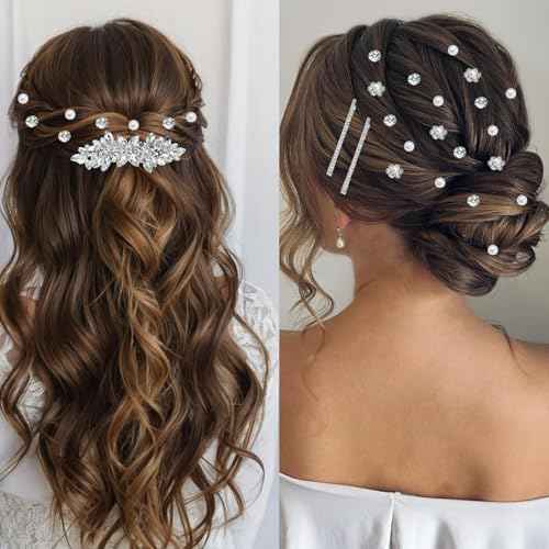 40 Pieces Rhinesetones Hair Clips, Include 4 Piece Crystal Hair Pins and 36 Pieces Spiral Hair Gems, Swirl Diamond Pearl Hairpins Flower Sparkling Hair Accessories for Wedding,brides, Party, Prom