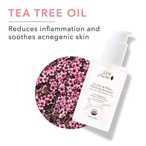 100% PURE Tea Tree & Willow Clarifying Astringent, Natural Acne Treatment, Alcohol Free, Hydrating Toner - 4 Fl Oz