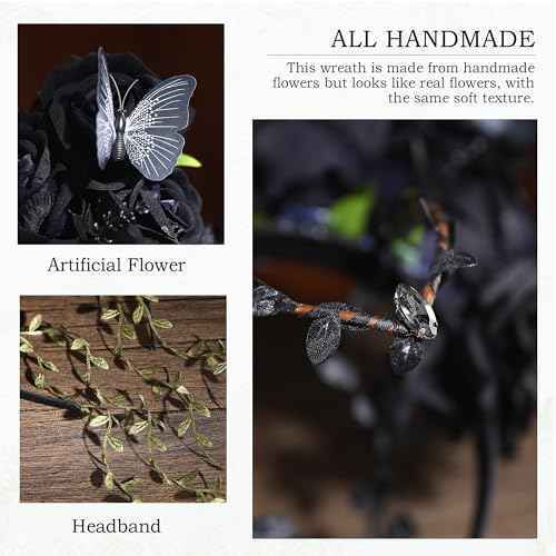 MOSTORY Black Flower Crown Headband - Gothic Floral Headpiece with Butterfly Dark Fairy Crown for Women Witch Aesthetic Renfaire Renaissance Party Cosplay