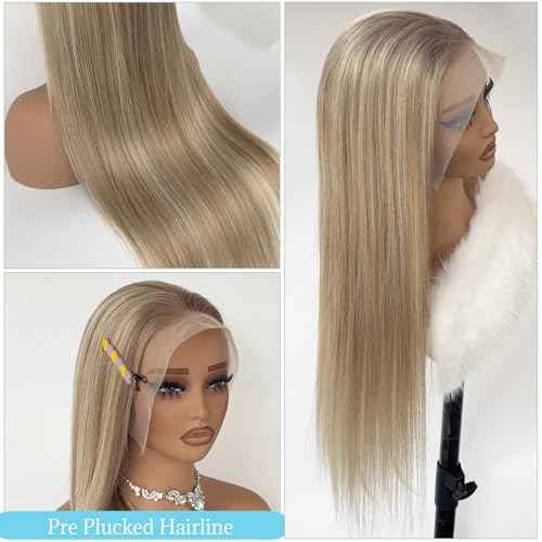 13x6 Ombre Blonde Lace Front Wig Human Hair HD Lace Balayage Highlight Ash Blonde Long Straight Frontal Lace Wigs 180% Density 22 Inch Glueless Blonde Highlight Wig with Brown Roots Pre Plucked