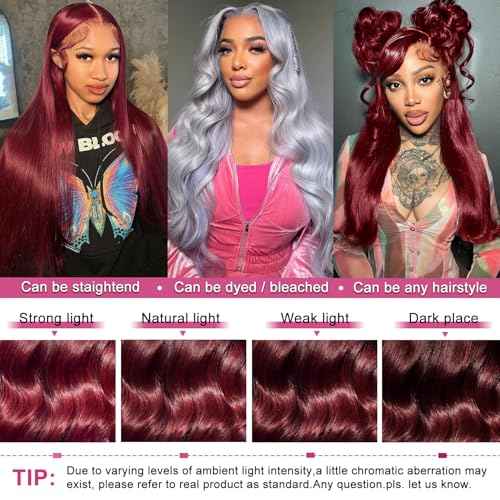 26 Inch 99j Burgundy Lace Front Wigs Human Hair 13x6 Body Wave Lace Front Wigs Human Hair Pre Plucked 180% Density Glueless Wine Red Lace Front Wigs for Women