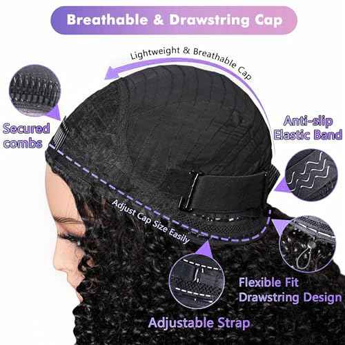 Kinky Curly Half Wig Human Hair 180% Density 3 In 1 Seamless Flip Over Half Wigs Human Hair Glueless Wear and Go Beginner Friendly 20 Inch Drawstring Headband Wig Human Hair for Women Natural Black
