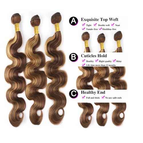 P4/27 Highlight Body Wave Ombre Honey Blonde Brazilian Human Hair Bundles 8 10 12 Inch 2 Tone Brown and Blonde Hair Wet and Wavy Bundles Brown Weft Hair Extensions for Black Women