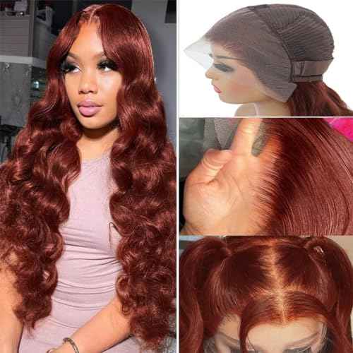 MUPRETTY Reddish Brown Lace Front Wigs Human Hair 180% Density 13x4 Auburn Colored Body Wave Wig Human Hair Pre Plucked Natural Hairline(24Inch,13x4 Lace Front Wig)