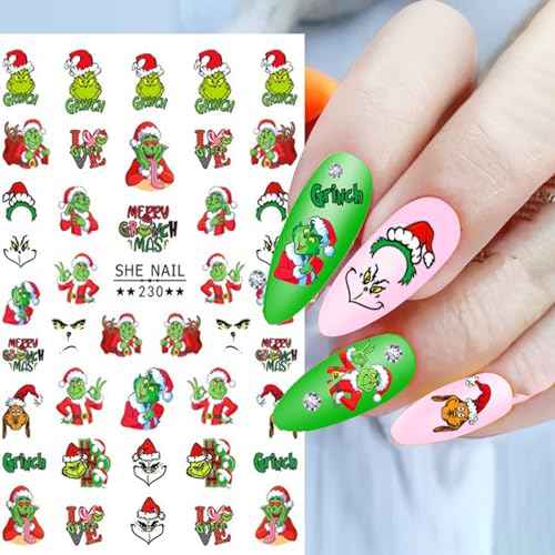 Griinch Nail Art Stickers Decals 7 Sheets, Christmas Nail Stickers for Nail Art Design Holiday Decoration Accessories for Women Girls Kids 3D Self-Adhesive