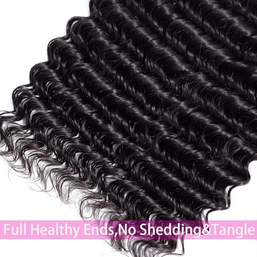 12A Deep Wave Bundles Human Hair 12 14 16 Inch 100% Unprocessed Brazilian Virgin Deep Curly Human Hair 3 Bundles Wet and Wavy Double Weft Deep Wavy Hair Extensions Real Human Hair Natural Black