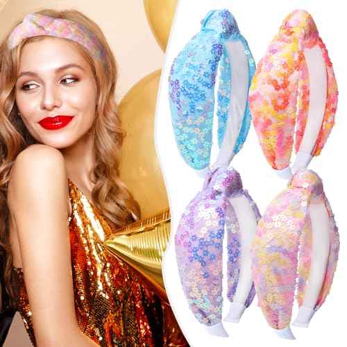 Fishown Knot Headband for Girls, 4 Pack Flower Knotted Hairbands for Kids Girls,Cute Sequined Headbands for Teens Women