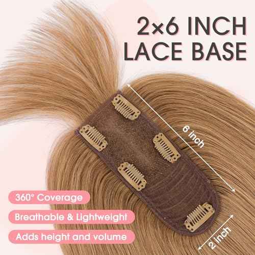 TESS Real Hair Toppers for Women Handmade Lace Base Womens Clip In Hairpieces with Bangs 5 Clips Natural Coverage Soft and Secure 2¡¿6", Light Brown