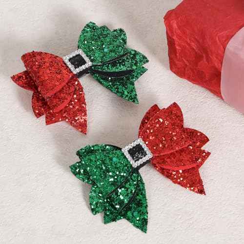 Christmas Hair Bow Clips 3.5 Inch Sparkly Glitter Hairpins Handmade Xmas Hair Accessories for Teens Girls, Red&Green