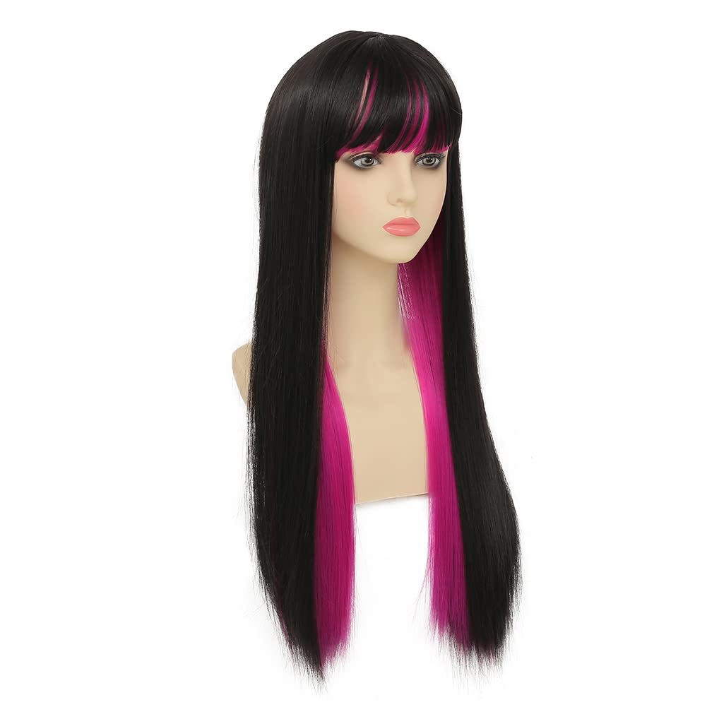 Dai Cloud Black Mix Purple Long Straight Wigs with Bangs for Women Cosplay Party Costume Synthetic Hair Wigs(Black and Purple)