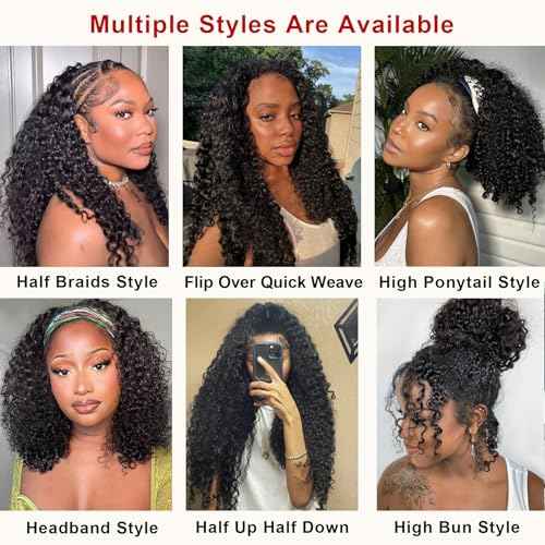 BLG Burmese Curly Half Wig Human Hair 300% Density 3 In 1 Human Hair Half Wigs for Women 16 Inch Curly Seamless Wear and Go Glueless Drawstring Wig Natural Color Quick Install Beginners Friendly Wigs