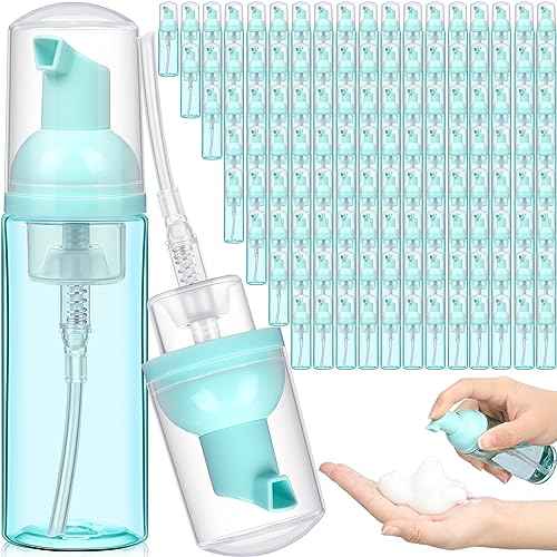Dandat 120 Pcs 2 oz Plastic Foam Soap Dispensers Bulk Refillable Foaming Pump Bottle Empty Mini Shampoo Lash Cleaning Bottles for Travel Cosmetics Hand Soap(Green)