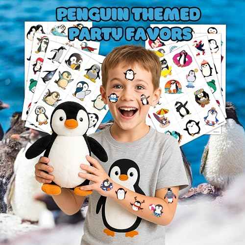 96 PCS Funny Summer Penguin Pre-cut Temporary Tattoos Sticker Animal Polar Birthday Party Decorations Supplies Favors Gifts Girls Boys Prizes Cute Tattoo School Reward Themed Christmas Winter