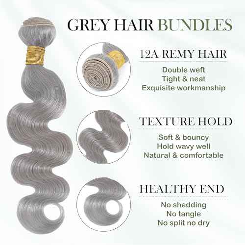 Silver Grey Body Wave Bundles Human Hair 24 Inch, Soft and Thick Short Single Bundle 100% Unprocessed 12A Remy Hair Lavender Gray Color Sew In Quick Weave Wavy