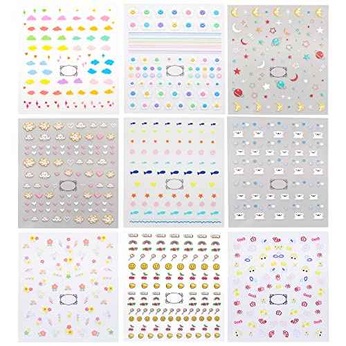 Cute Nail Stickers for Kids Including Animals Flowers Cloud Star Heart and More Self Adhesive Fingernail Decal Stickers for Little Girls Women Nail Art Decoration Fun (Pack of 9)