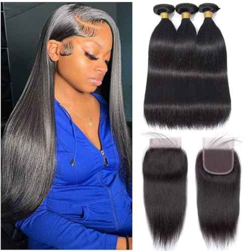 Straight Bundles with Closure Human Hair 20 22 24+18 Inch 100% Brazilian Unprocessed Virgin Body Wave 3 Bundles Human Hair with 4x4 Free Part Lace Closure Natural Black