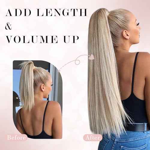 Ponytail Extensions Human Hair Long Straight Ponytail Hair Extensions with Magic Paste Wrap Around Clip in Ponytail Extensions Real Human Hair,22inch #1B Jet Black,95g